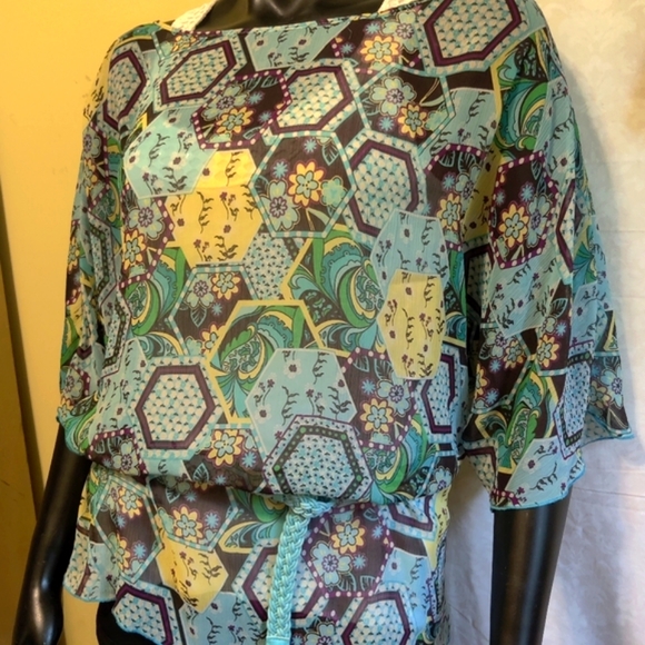 🗺️ Boho Printed Peasant Shirt Blouse w/ Braided Belt included Semi-Sheer, Small - Picture 8 of 10